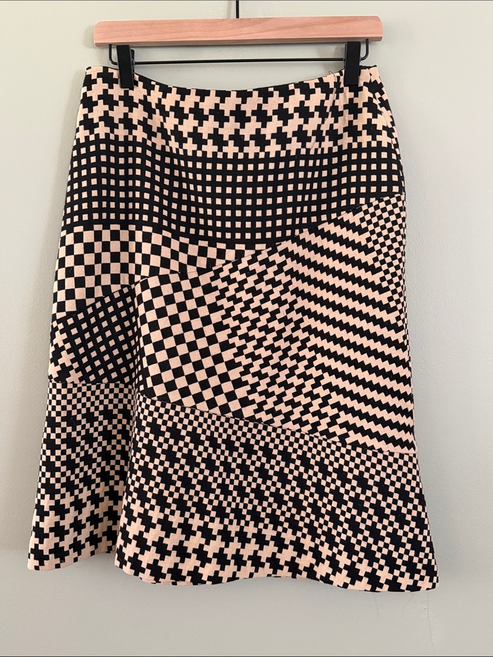 Gerard Darel Geometric Patchwork A-Line Skirt Size 38 Black Beige Mod Print